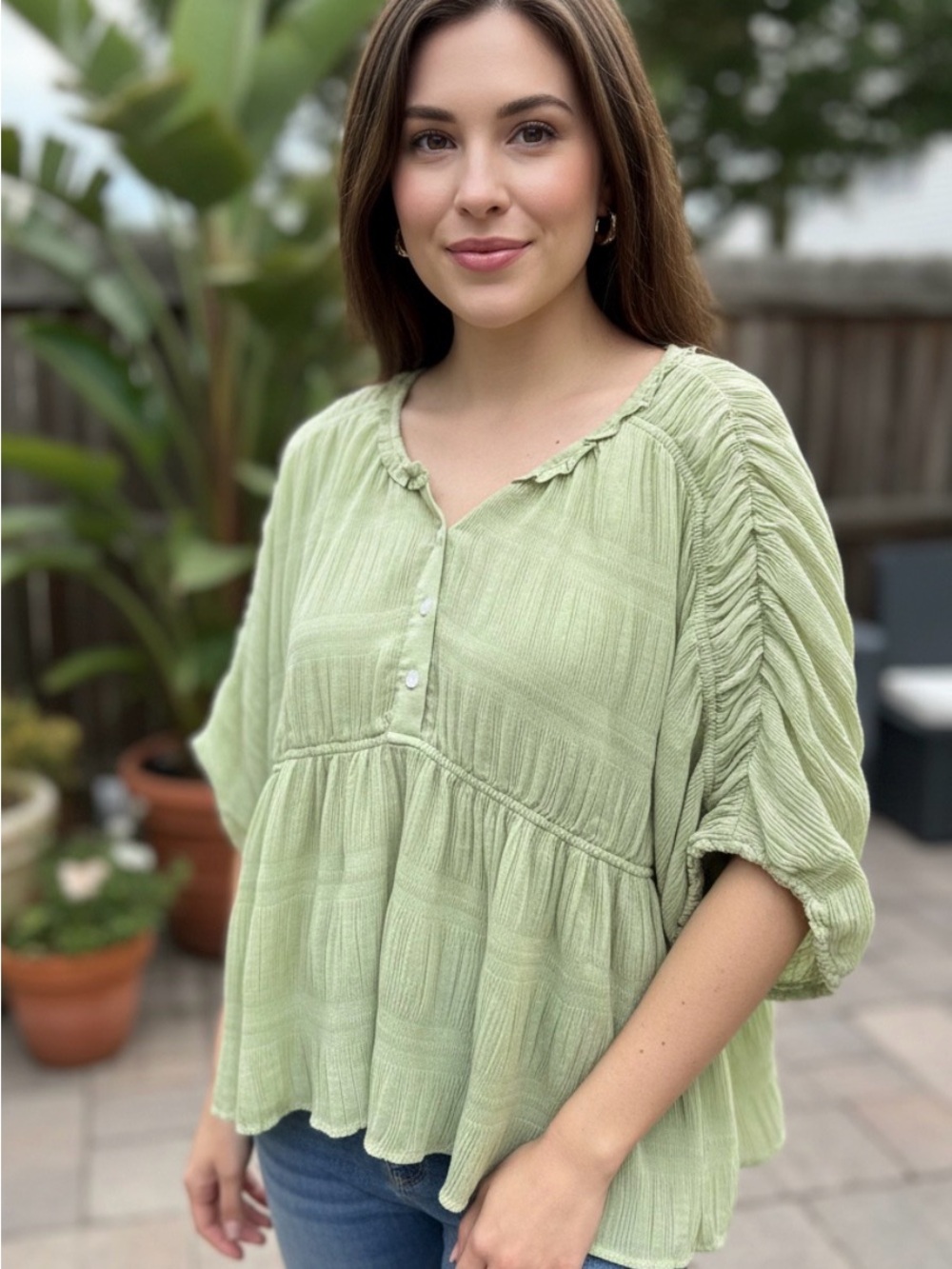 NWT Max Studio Leaf Green Gauze Babydoll Peasant Blouse Top XL